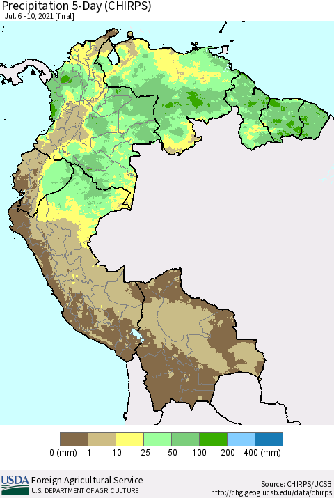 Northern South America Precipitation 5-Day (CHIRPS) Thematic Map For 7/6/2021 - 7/10/2021