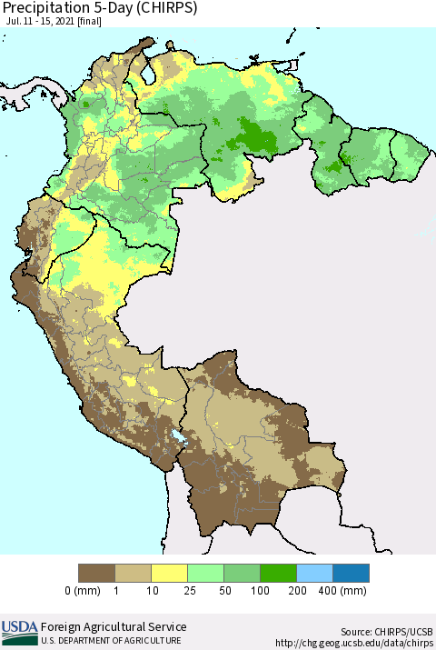 Northern South America Precipitation 5-Day (CHIRPS) Thematic Map For 7/11/2021 - 7/15/2021