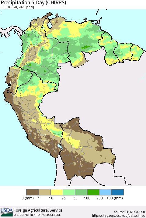 Northern South America Precipitation 5-Day (CHIRPS) Thematic Map For 7/16/2021 - 7/20/2021