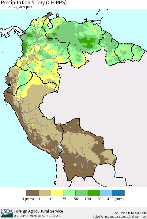 Northern South America Precipitation 5-Day (CHIRPS) Thematic Map For 7/21/2021 - 7/25/2021
