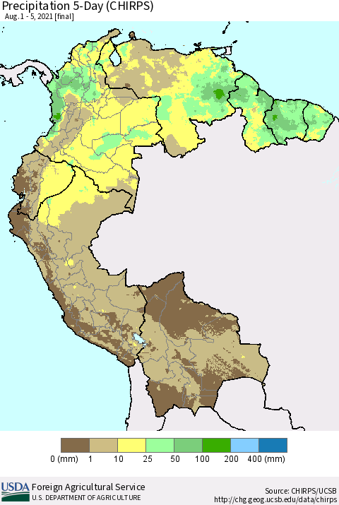 Northern South America Precipitation 5-Day (CHIRPS) Thematic Map For 8/1/2021 - 8/5/2021