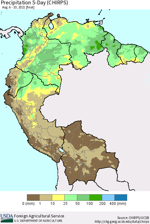 Northern South America Precipitation 5-Day (CHIRPS) Thematic Map For 8/6/2021 - 8/10/2021