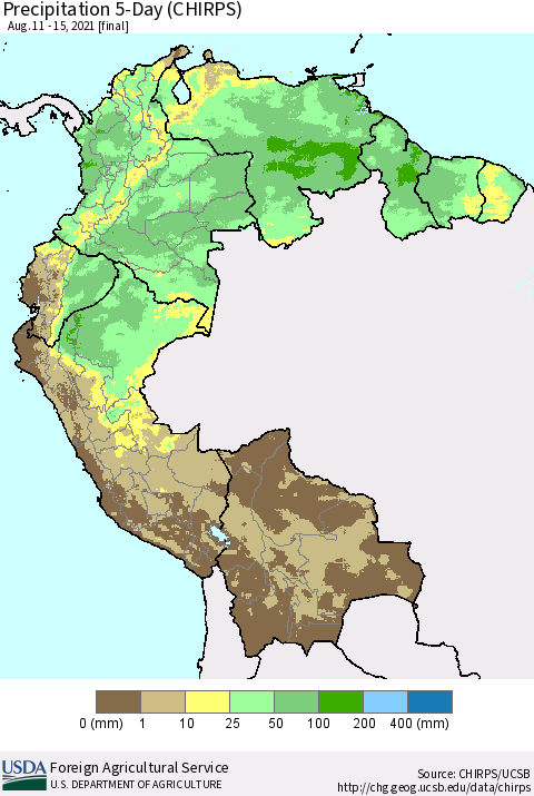 Northern South America Precipitation 5-Day (CHIRPS) Thematic Map For 8/11/2021 - 8/15/2021