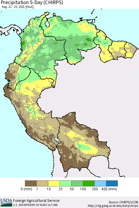 Northern South America Precipitation 5-Day (CHIRPS) Thematic Map For 8/21/2021 - 8/25/2021