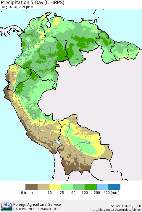 Northern South America Precipitation 5-Day (CHIRPS) Thematic Map For 8/26/2021 - 8/31/2021