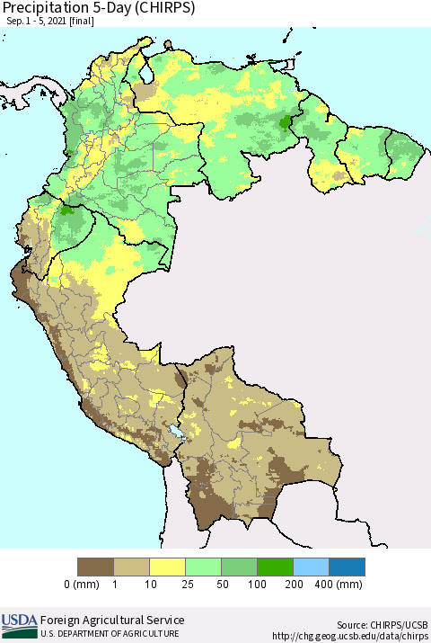 Northern South America Precipitation 5-Day (CHIRPS) Thematic Map For 9/1/2021 - 9/5/2021