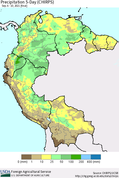 Northern South America Precipitation 5-Day (CHIRPS) Thematic Map For 9/6/2021 - 9/10/2021