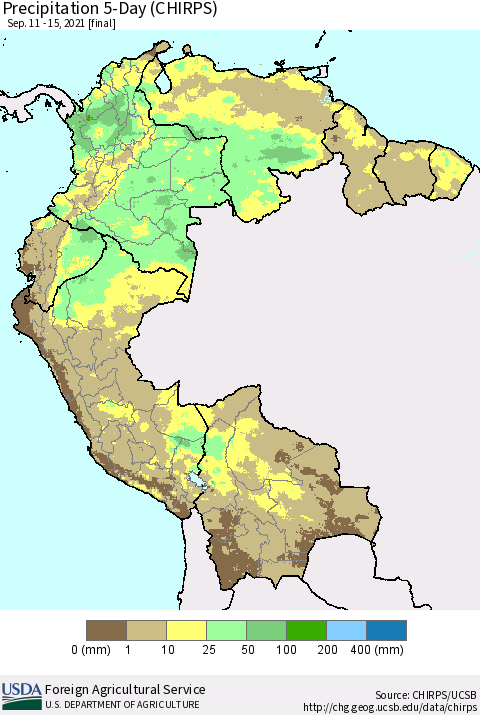 Northern South America Precipitation 5-Day (CHIRPS) Thematic Map For 9/11/2021 - 9/15/2021