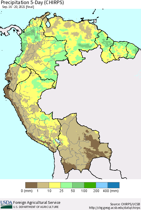 Northern South America Precipitation 5-Day (CHIRPS) Thematic Map For 9/16/2021 - 9/20/2021