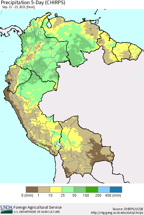 Northern South America Precipitation 5-Day (CHIRPS) Thematic Map For 9/21/2021 - 9/25/2021