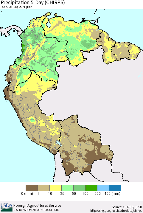 Northern South America Precipitation 5-Day (CHIRPS) Thematic Map For 9/26/2021 - 9/30/2021