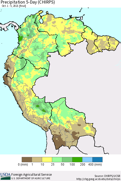 Northern South America Precipitation 5-Day (CHIRPS) Thematic Map For 10/1/2021 - 10/5/2021