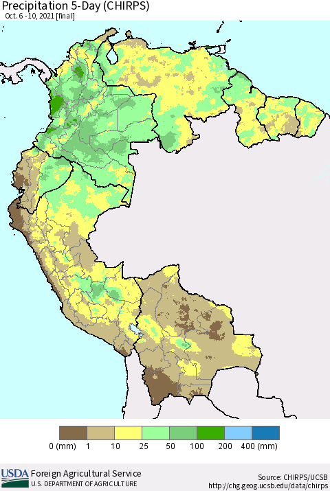 Northern South America Precipitation 5-Day (CHIRPS) Thematic Map For 10/6/2021 - 10/10/2021