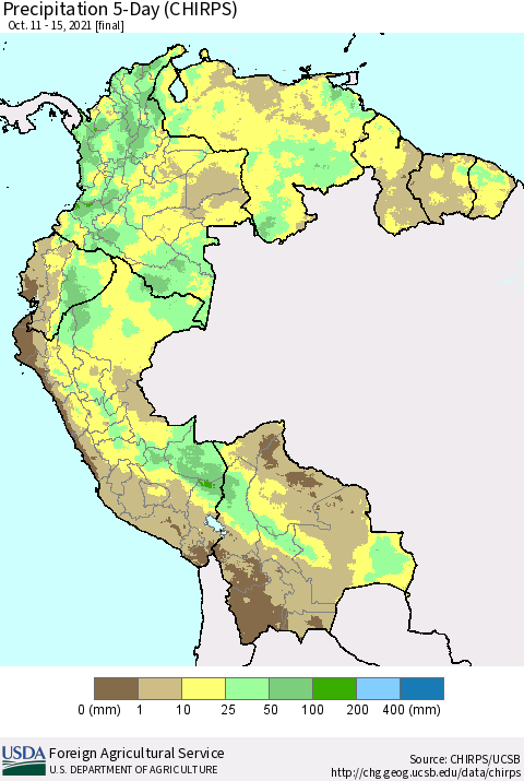 Northern South America Precipitation 5-Day (CHIRPS) Thematic Map For 10/11/2021 - 10/15/2021