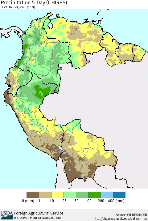 Northern South America Precipitation 5-Day (CHIRPS) Thematic Map For 10/16/2021 - 10/20/2021