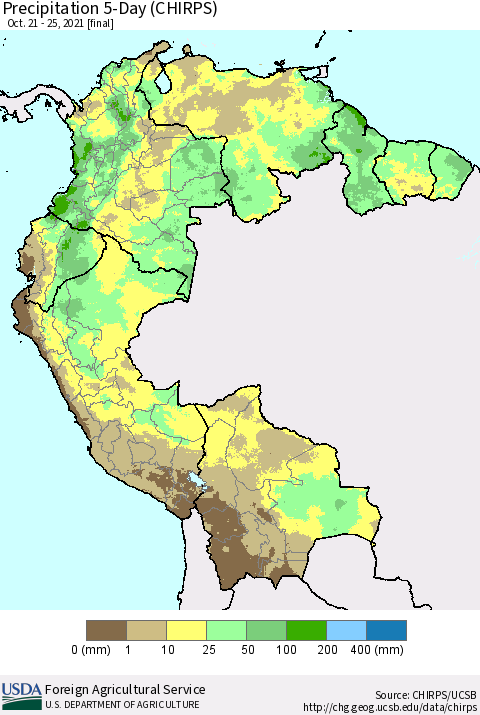 Northern South America Precipitation 5-Day (CHIRPS) Thematic Map For 10/21/2021 - 10/25/2021