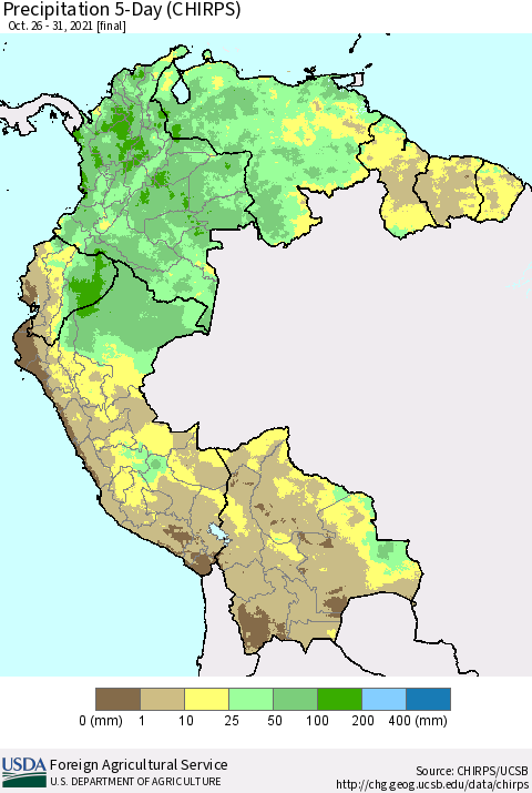 Northern South America Precipitation 5-Day (CHIRPS) Thematic Map For 10/26/2021 - 10/31/2021