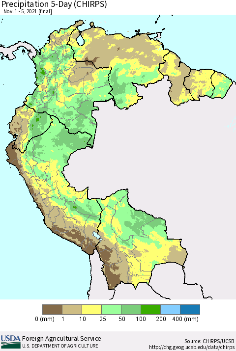 Northern South America Precipitation 5-Day (CHIRPS) Thematic Map For 11/1/2021 - 11/5/2021