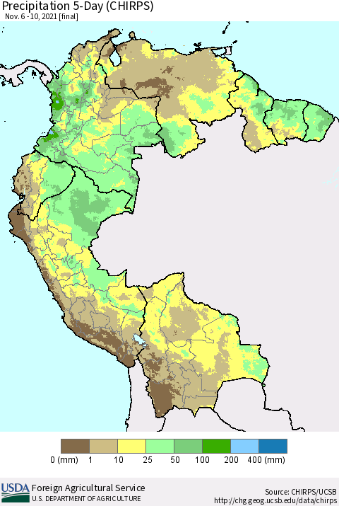 Northern South America Precipitation 5-Day (CHIRPS) Thematic Map For 11/6/2021 - 11/10/2021