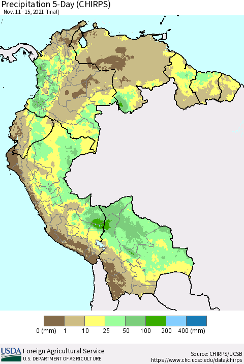 Northern South America Precipitation 5-Day (CHIRPS) Thematic Map For 11/11/2021 - 11/15/2021