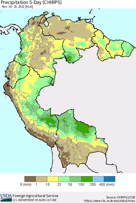 Northern South America Precipitation 5-Day (CHIRPS) Thematic Map For 11/16/2021 - 11/20/2021