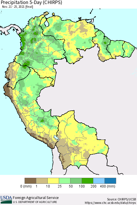 Northern South America Precipitation 5-Day (CHIRPS) Thematic Map For 11/21/2021 - 11/25/2021