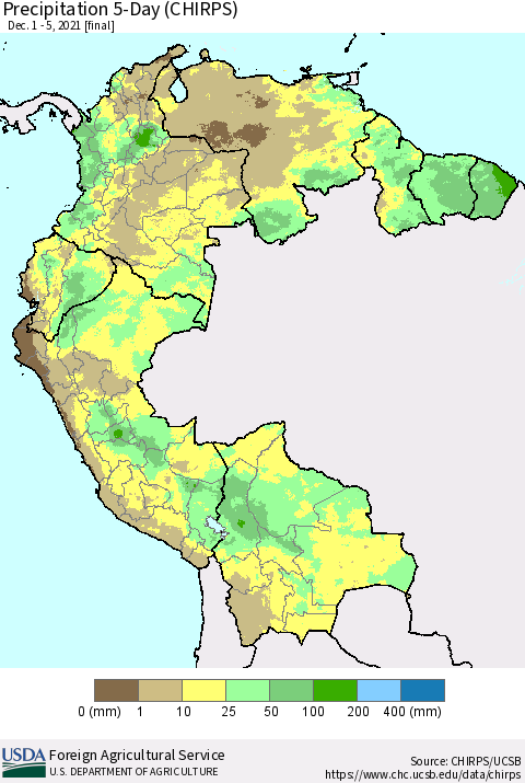 Northern South America Precipitation 5-Day (CHIRPS) Thematic Map For 12/1/2021 - 12/5/2021