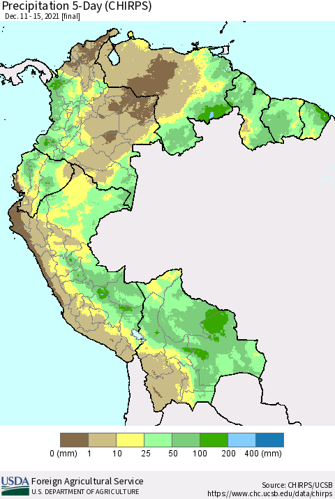 Northern South America Precipitation 5-Day (CHIRPS) Thematic Map For 12/11/2021 - 12/15/2021