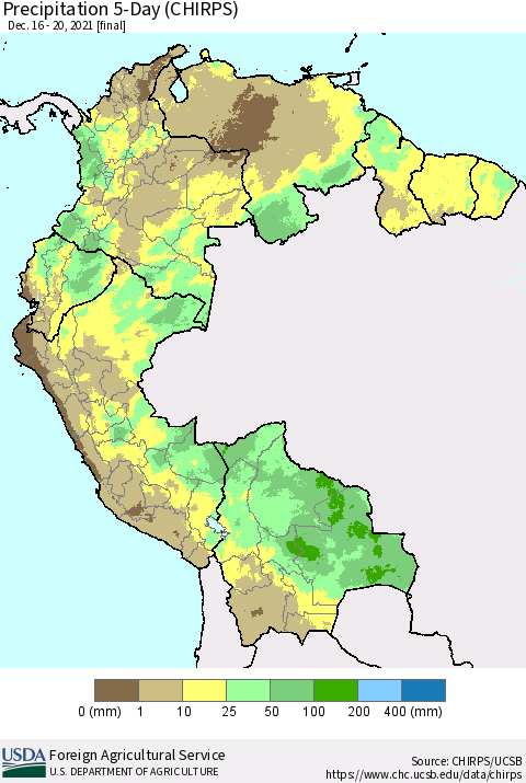 Northern South America Precipitation 5-Day (CHIRPS) Thematic Map For 12/16/2021 - 12/20/2021