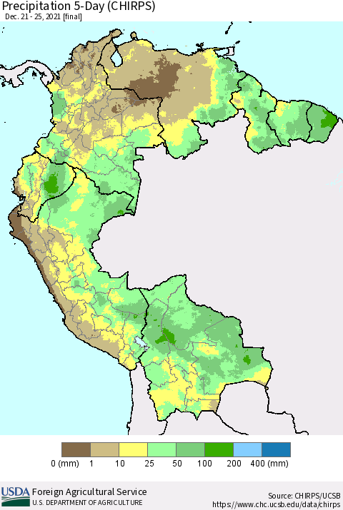 Northern South America Precipitation 5-Day (CHIRPS) Thematic Map For 12/21/2021 - 12/25/2021