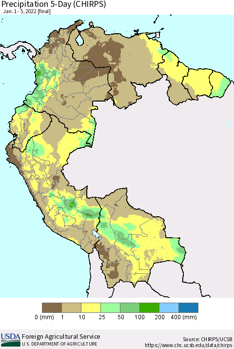 Northern South America Precipitation 5-Day (CHIRPS) Thematic Map For 1/1/2022 - 1/5/2022