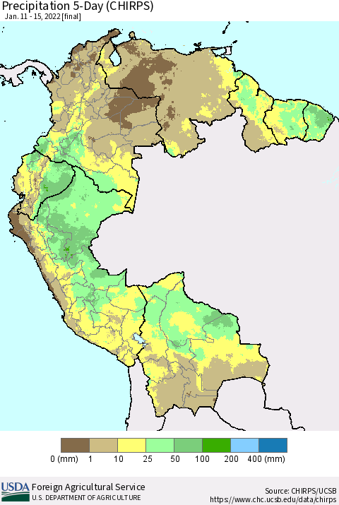 Northern South America Precipitation 5-Day (CHIRPS) Thematic Map For 1/11/2022 - 1/15/2022