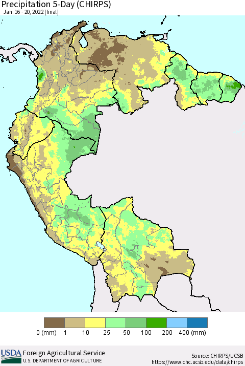 Northern South America Precipitation 5-Day (CHIRPS) Thematic Map For 1/16/2022 - 1/20/2022