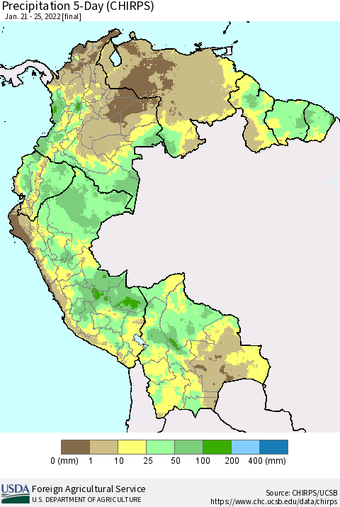 Northern South America Precipitation 5-Day (CHIRPS) Thematic Map For 1/21/2022 - 1/25/2022