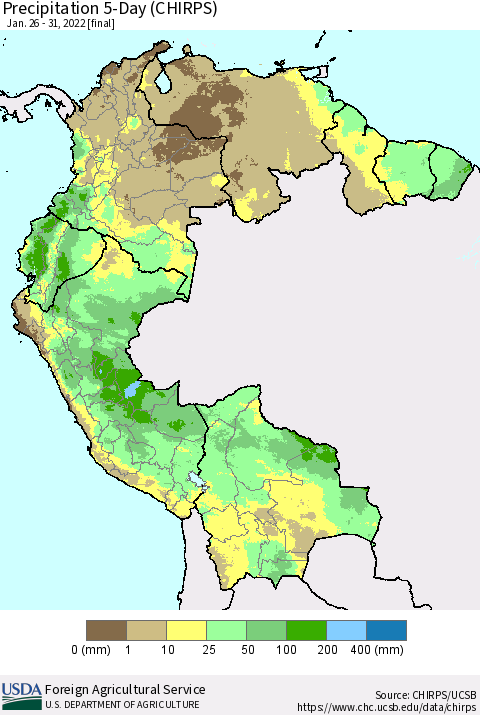 Northern South America Precipitation 5-Day (CHIRPS) Thematic Map For 1/26/2022 - 1/31/2022