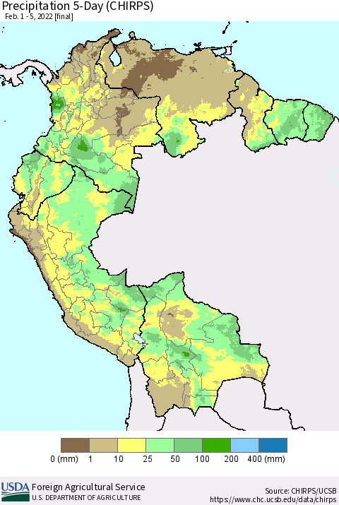 Northern South America Precipitation 5-Day (CHIRPS) Thematic Map For 2/1/2022 - 2/5/2022
