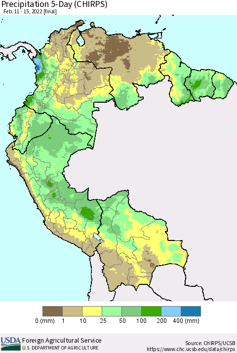 Northern South America Precipitation 5-Day (CHIRPS) Thematic Map For 2/11/2022 - 2/15/2022
