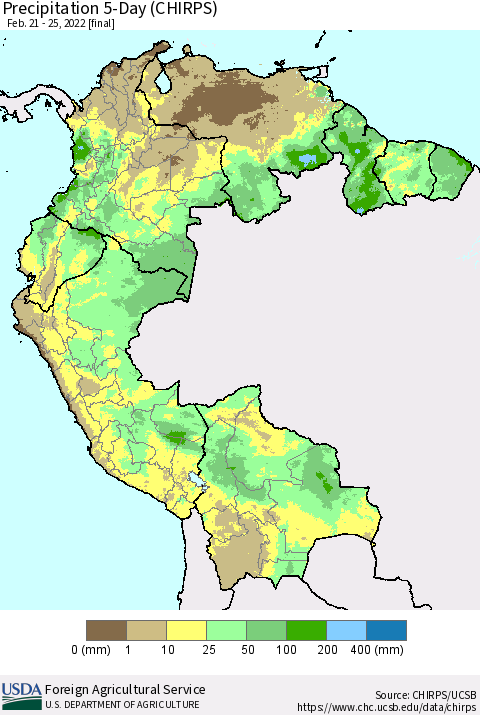 Northern South America Precipitation 5-Day (CHIRPS) Thematic Map For 2/21/2022 - 2/25/2022