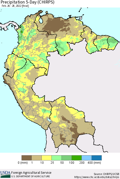 Northern South America Precipitation 5-Day (CHIRPS) Thematic Map For 2/26/2022 - 2/28/2022
