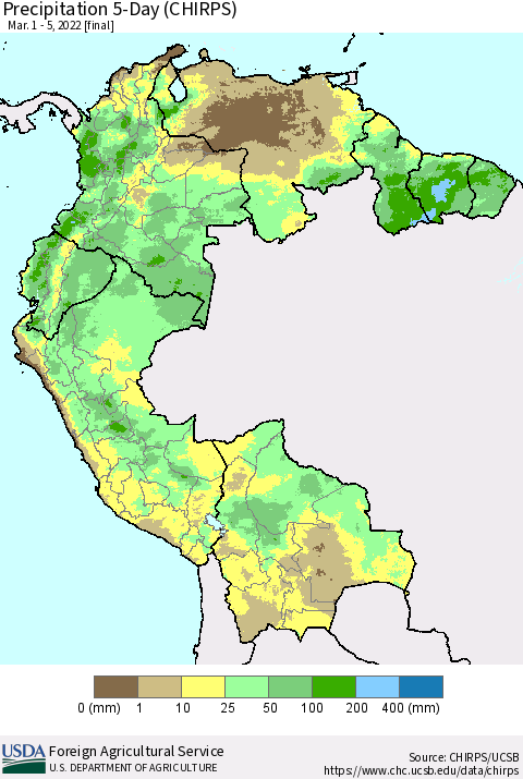Northern South America Precipitation 5-Day (CHIRPS) Thematic Map For 3/1/2022 - 3/5/2022