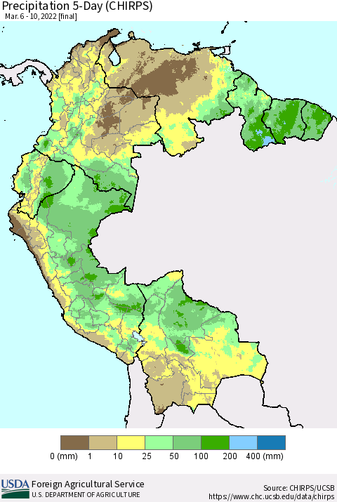 Northern South America Precipitation 5-Day (CHIRPS) Thematic Map For 3/6/2022 - 3/10/2022