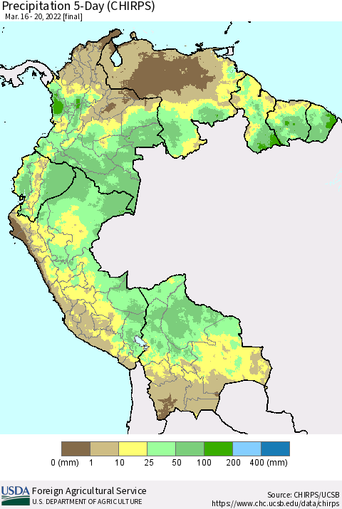 Northern South America Precipitation 5-Day (CHIRPS) Thematic Map For 3/16/2022 - 3/20/2022