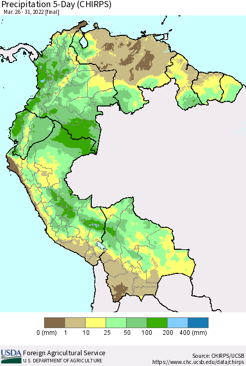 Northern South America Precipitation 5-Day (CHIRPS) Thematic Map For 3/26/2022 - 3/31/2022