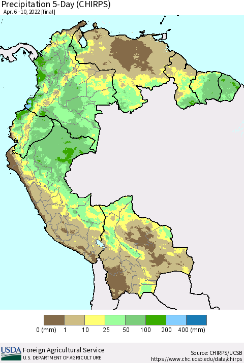 Northern South America Precipitation 5-Day (CHIRPS) Thematic Map For 4/6/2022 - 4/10/2022