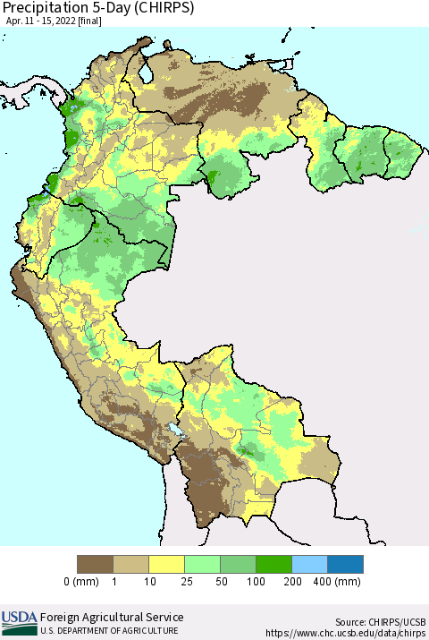 Northern South America Precipitation 5-Day (CHIRPS) Thematic Map For 4/11/2022 - 4/15/2022