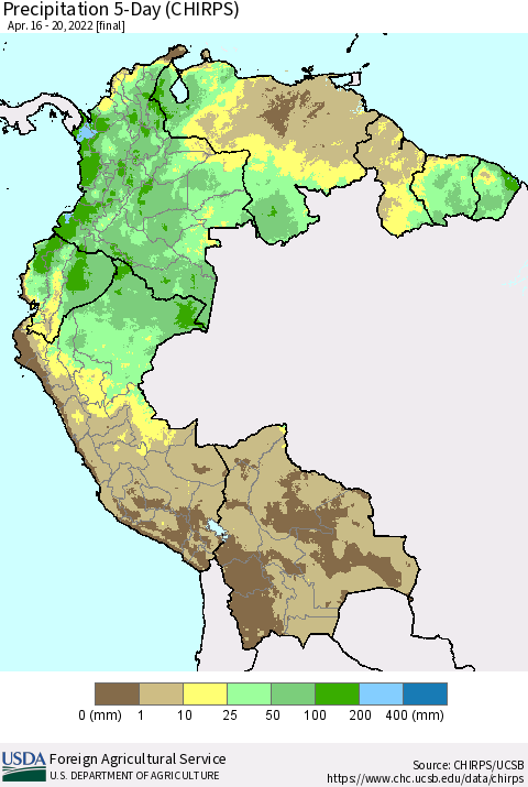 Northern South America Precipitation 5-Day (CHIRPS) Thematic Map For 4/16/2022 - 4/20/2022