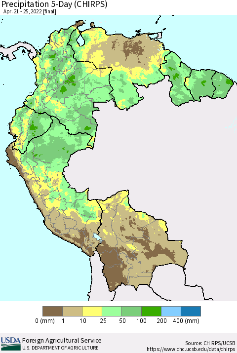 Northern South America Precipitation 5-Day (CHIRPS) Thematic Map For 4/21/2022 - 4/25/2022