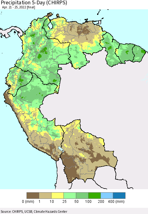 Northern South America Precipitation 5-Day (CHIRPS) Thematic Map For 4/21/2022 - 4/25/2022