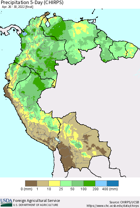Northern South America Precipitation 5-Day (CHIRPS) Thematic Map For 4/26/2022 - 4/30/2022
