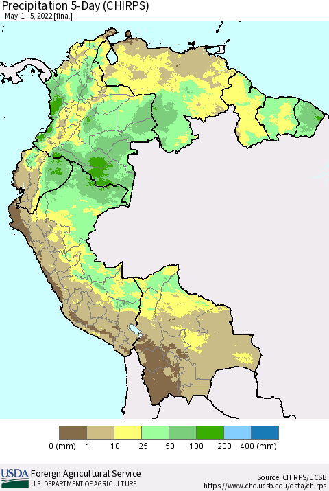 Northern South America Precipitation 5-Day (CHIRPS) Thematic Map For 5/1/2022 - 5/5/2022